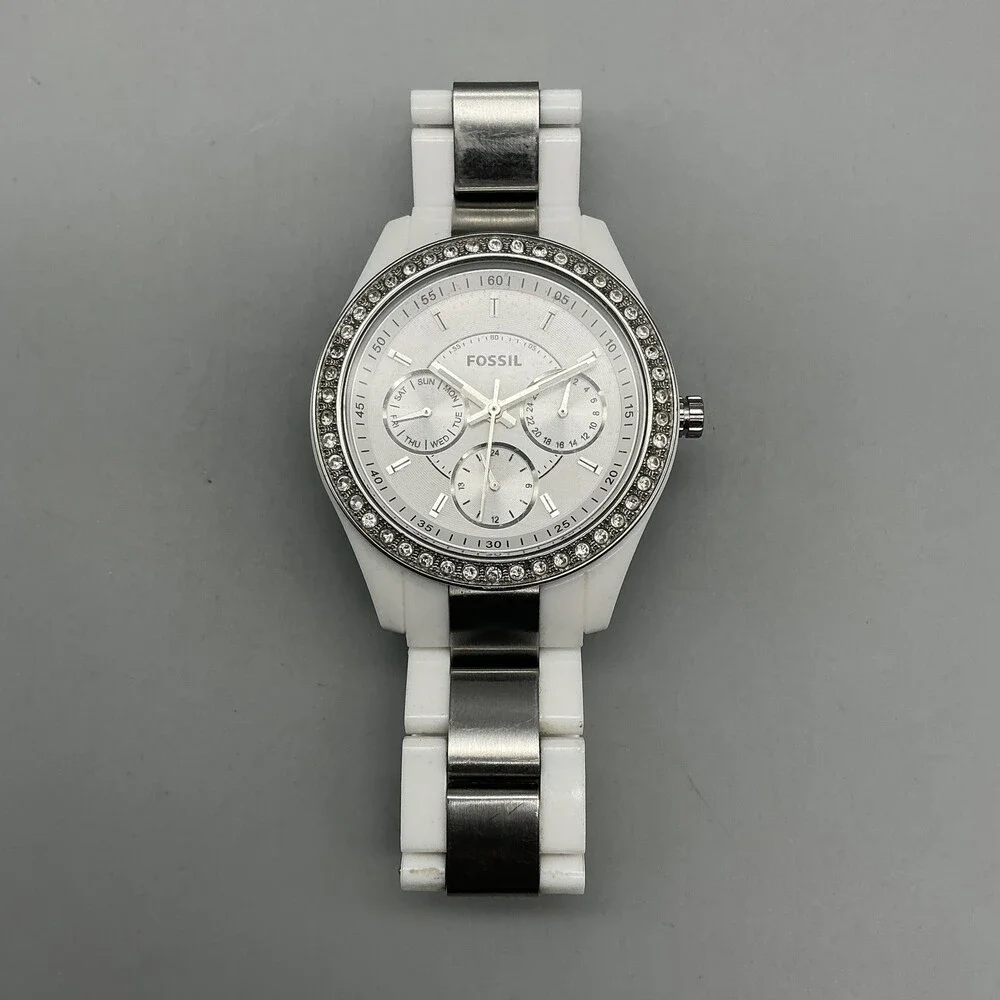 Fossil ES-2807 Womens Watch 37mm Silver Tone Crystals White New Battery 6.5